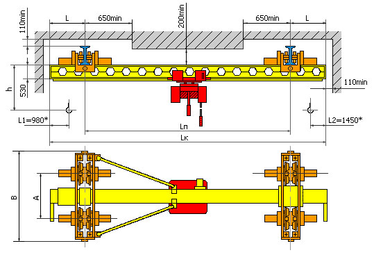  Кран мостовой электрический однобалочный подвесной (кран-балка) г/п 10 тн. предназначен для подъема и перемещения груза в помещениях или под навесом при температуре окружающей среды в пределах от -20°С до +40°С, или от -40°С до +40°С (климатическое исполнение У1, У2, У3).

    В отличие от опорных кранов, подвесные краны за счет наличия консолей при той же длине пролета позволяют обслуживать большую площадь.

    Исполнение кранов может быть общепромышленное, пожаробезопасное.
Управление краном осуществляется с пола, с подвесного пульта



 Технические характеристики


Г/п, т

Высота подъема Н, м

Полная
длина
L, м

Пролет
Lп, м

Длина
консолей
l, м

Размеры в мм

Нагрузка на путь при работе, кН

Масса
крана, т

 
Amin

B

h

h1

От тележки

От колеса

 
ном.

max.

 
Не более

 
10,0

12,
16,
20,
24,
36

4,8

3,0

3,5

0,65-0,9

1200

2100

2360

710

62,6

15,65

2,65-3,1

 
6,0

4,2

4,7

62,8

15,70

 
7,8

6,0

6,5

63,5

15,88

3,40

 
8,4

1,2

 
11,4

9,0

9,5

64,0

16,0

3,6