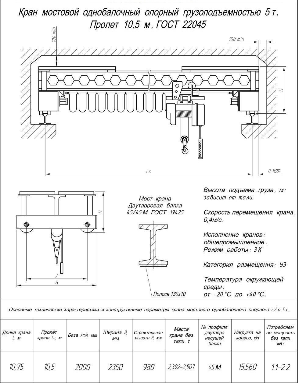 Чертеж и характеристики кран мостовой электрический однобалочный опорный 5 т пролет 10,5 м