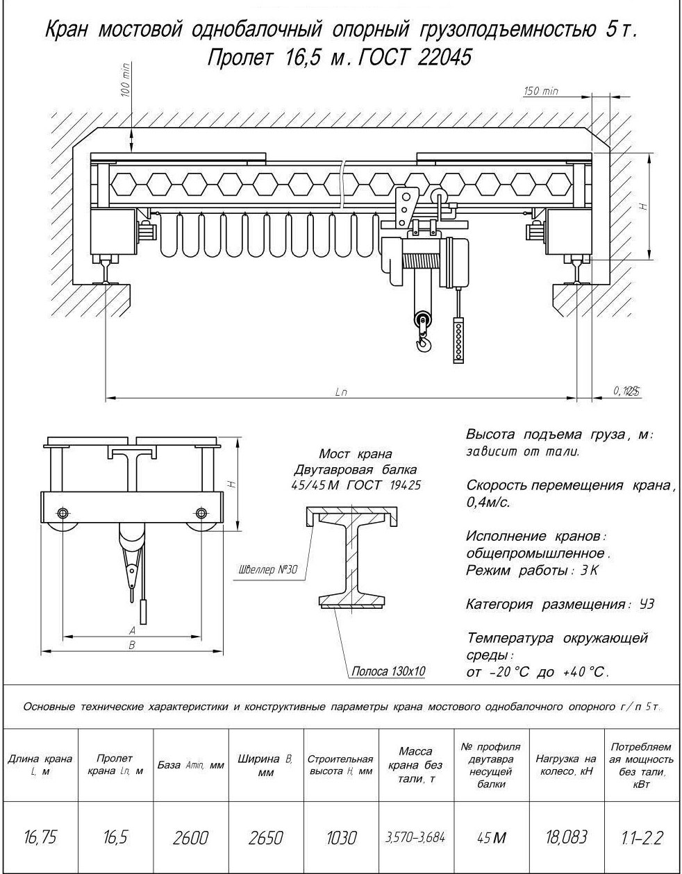 Чертеж и характеристики кран мостовой электрический однобалочный опорный 5 т пролет 16,5 м